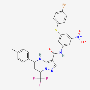 molecular formula C27H21BrF3N5O3S B2417843 N-{3-[(4-bromophenyl)sulfanyl]-5-nitrophenyl}-5-(4-methylphenyl)-7-(trifluoromethyl)-4,5,6,7-tetrahydropyrazolo[1,5-a]pyrimidine-3-carboxamide CAS No. 361476-20-2