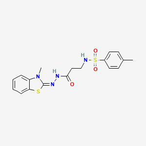 molecular formula C18H20N4O3S2 B2417923 (E)-4-methyl-N-(3-(2-(3-methylbenzo[d]thiazol-2(3H)-ylidene)hydrazinyl)-3-oxopropyl)benzenesulfonamide CAS No. 941874-48-2