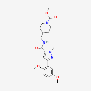 molecular formula C21H28N4O5 B2418014 4-((3-(2,5-二甲氧基苯基)-1-甲基-1H-吡唑-5-甲酰胺)甲基)哌啶-1-甲酸甲酯 CAS No. 1421461-57-5
