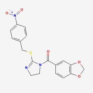 molecular formula C18H15N3O5S B2418184 benzo[d][1,3]dioxol-5-yl(2-((4-nitrobenzyl)thio)-4,5-dihydro-1H-imidazol-1-yl)methanone CAS No. 851802-27-2