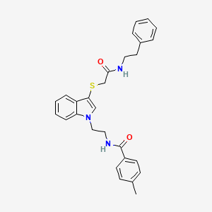molecular formula C28H29N3O2S B2418298 4-methyl-N-(2-(3-((2-oxo-2-(phenethylamino)ethyl)thio)-1H-indol-1-yl)ethyl)benzamide CAS No. 862826-52-6