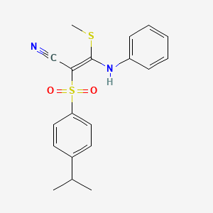 molecular formula C19H20N2O2S2 B2418449 2-((4-(Isopropyl)phenyl)sulfonyl)-3-methylthio-3-(phenylamino)prop-2-enenitrile CAS No. 1024745-48-9