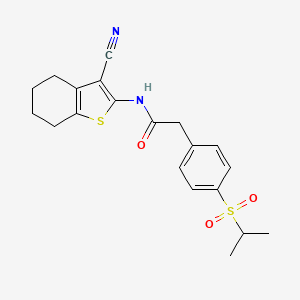 molecular formula C20H22N2O3S2 B2418670 N-(3-cyano-4,5,6,7-tetrahydrobenzo[b]thiophen-2-yl)-2-(4-(isopropylsulfonyl)phenyl)acetamide CAS No. 955618-86-7