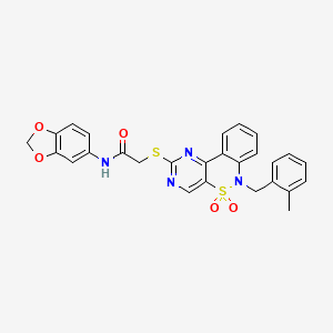 molecular formula C27H22N4O5S2 B2418881 N-1,3-苯并二氧杂环-5-基-2-{[6-(2-甲基苄基)-5,5-二氧化-6H-嘧啶并[5,4-c][2,1]苯并噻嗪-2-基]硫代}乙酰胺 CAS No. 895100-93-3