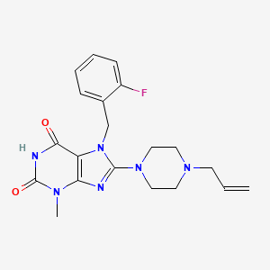 molecular formula C20H23FN6O2 B2418883 7-[(2-Fluorophenyl)methyl]-3-methyl-8-(4-prop-2-enylpiperazin-1-yl)purine-2,6-dione CAS No. 878431-31-3