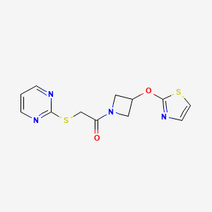 molecular formula C12H12N4O2S2 B2418885 2-(Pyrimidin-2-ylthio)-1-(3-(thiazol-2-yloxy)azetidin-1-yl)ethanone CAS No. 1797734-49-6