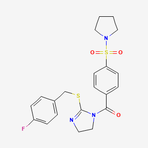 molecular formula C21H22FN3O3S2 B2418896 [2-[(4-Fluorophenyl)methylsulfanyl]-4,5-dihydroimidazol-1-yl]-(4-pyrrolidin-1-ylsulfonylphenyl)methanone CAS No. 851800-25-4