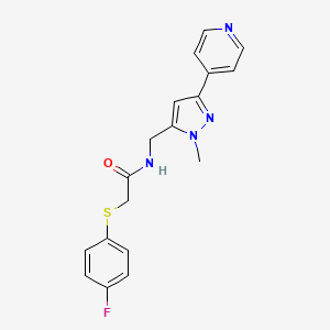 2-(4-Fluorophenyl)sulfanyl-N-[(2-methyl-5-pyridin-4-ylpyrazol-3-yl)methyl]acetamide