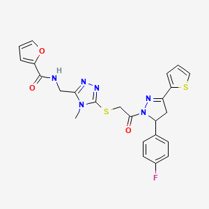 molecular formula C24H21FN6O3S2 B2418932 N-[[5-[2-[3-(4-fluorophenyl)-5-thiophen-2-yl-3,4-dihydropyrazol-2-yl]-2-oxoethyl]sulfanyl-4-methyl-1,2,4-triazol-3-yl]methyl]furan-2-carboxamide CAS No. 393586-47-5