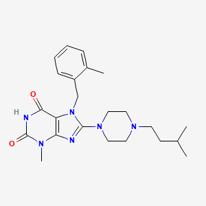 molecular formula C23H32N6O2 B2418960 3-Methyl-8-[4-(3-methylbutyl)piperazin-1-yl]-7-[(2-methylphenyl)methyl]purine-2,6-dione CAS No. 922663-42-1
