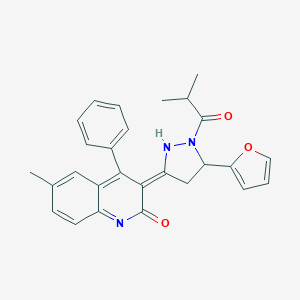 molecular formula C27H25N3O3 B241906 (3E)-3-[5-(furan-2-yl)-1-(2-methylpropanoyl)pyrazolidin-3-ylidene]-6-methyl-4-phenylquinolin-2-one 