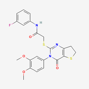 molecular formula C22H20FN3O4S2 B2419095 2-((3-(3,4-二甲氧基苯基)-4-氧代-3,4,6,7-四氢噻吩并[3,2-d]嘧啶-2-基)硫代)-N-(3-氟苯基)乙酰胺 CAS No. 877655-83-9