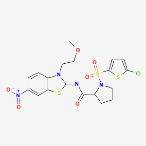 molecular formula C19H19ClN4O6S3 B2419193 (E)-1-((5-chlorothiophen-2-yl)sulfonyl)-N-(3-(2-methoxyethyl)-6-nitrobenzo[d]thiazol-2(3H)-ylidene)pyrrolidine-2-carboxamide CAS No. 1101179-94-5
