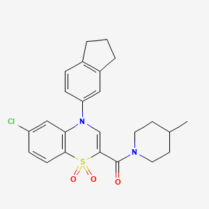 molecular formula C24H25ClN2O3S B2419276 (6-chloro-4-(2,3-dihydro-1H-inden-5-yl)-1,1-dioxido-4H-benzo[b][1,4]thiazin-2-yl)(4-methylpiperidin-1-yl)methanone CAS No. 1251699-17-8