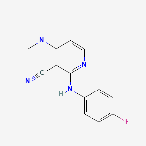 molecular formula C14H13FN4 B2419322 4-(二甲基氨基)-2-(4-氟苯胺基)烟酰腈 CAS No. 338773-37-8