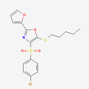molecular formula C18H18BrNO4S2 B2419340 4-((4-溴苯基)磺酰基)-2-(呋喃-2-基)-5-(戊硫基)恶唑 CAS No. 850928-82-4