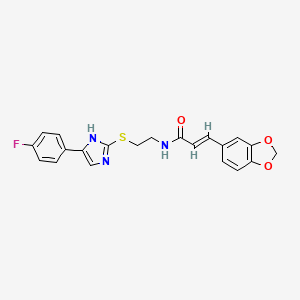 molecular formula C21H18FN3O3S B2419375 (E)-3-(benzo[d][1,3]dioxol-5-yl)-N-(2-((5-(4-fluorophenyl)-1H-imidazol-2-yl)thio)ethyl)acrylamide CAS No. 897456-41-6