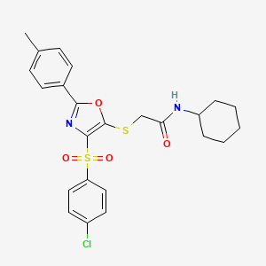 molecular formula C24H25ClN2O4S2 B2419384 2-((4-((4-chlorophenyl)sulfonyl)-2-(p-tolyl)oxazol-5-yl)thio)-N-cyclohexylacetamide CAS No. 850926-79-3