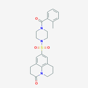 molecular formula C24H27N3O4S B2419409 9-((4-(2-methylbenzoyl)piperazin-1-yl)sulfonyl)-1,2,6,7-tetrahydropyrido[3,2,1-ij]quinolin-3(5H)-one CAS No. 946361-40-6