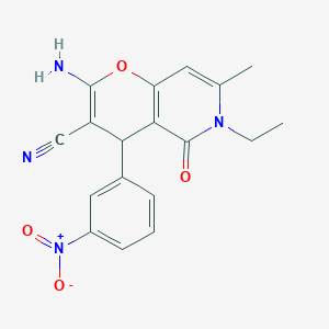 molecular formula C18H16N4O4 B2419425 2-氨基-6-乙基-7-甲基-4-(3-硝基苯基)-5-氧代-5,6-二氢-4H-吡喃并[3,2-c]吡啶-3-腈 CAS No. 825661-91-4