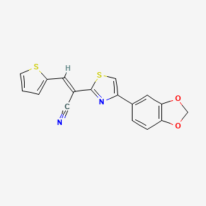 molecular formula C17H10N2O2S2 B2419445 (E)-2-(4-(benzo[d][1,3]dioxol-5-yl)thiazol-2-yl)-3-(thiophen-2-yl)acrylonitrile CAS No. 1321697-63-5