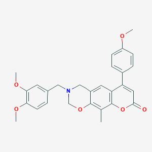 molecular formula C28H27NO6 B241948 3-(3,4-dimethoxybenzyl)-6-(4-methoxyphenyl)-10-methyl-3,4-dihydro-2H,8H-chromeno[6,7-e][1,3]oxazin-8-one 