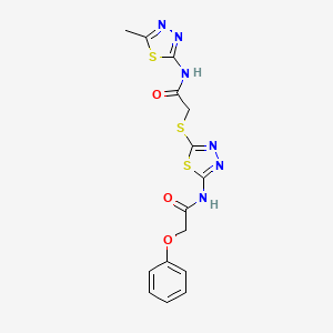 molecular formula C15H14N6O3S3 B2419500 N-(5-methyl-1,3,4-thiadiazol-2-yl)-2-((5-(2-phenoxyacetamido)-1,3,4-thiadiazol-2-yl)thio)acetamide CAS No. 389073-88-5