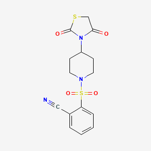 molecular formula C15H15N3O4S2 B2419577 2-((4-(2,4-二氧噻唑烷-3-基)哌啶-1-基)磺酰基)苯甲腈 CAS No. 1795482-07-3