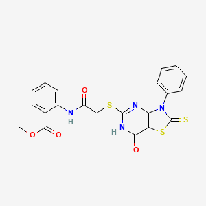 molecular formula C21H16N4O4S3 B2419604 Methyl 2-(2-((7-oxo-3-phenyl-2-thioxo-2,3,6,7-tetrahydrothiazolo[4,5-d]pyrimidin-5-yl)thio)acetamido)benzoate CAS No. 1021264-11-8