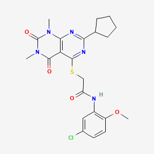 molecular formula C22H24ClN5O4S B2419606 N-(5-chloro-2-methoxyphenyl)-2-((2-cyclopentyl-6,8-dimethyl-5,7-dioxo-5,6,7,8-tetrahydropyrimido[4,5-d]pyrimidin-4-yl)thio)acetamide CAS No. 893911-60-9
