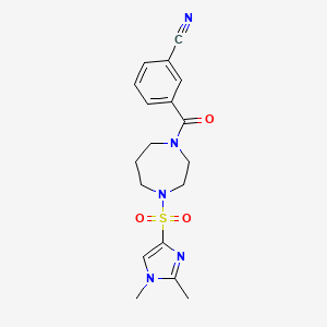 molecular formula C18H21N5O3S B2419629 3-(4-((1,2-dimethyl-1H-imidazol-4-yl)sulfonyl)-1,4-diazepane-1-carbonyl)benzonitrile CAS No. 1903471-64-6