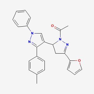 molecular formula C25H22N4O2 B2419675 1-(5-(furan-2-yl)-1'-phenyl-3'-(p-tolyl)-3,4-dihydro-1'H,2H-[3,4'-bipyrazol]-2-yl)ethanone CAS No. 1010866-62-2