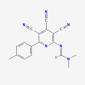 molecular formula C18H14N6 B2419723 (E)-N,N-dimethyl-N'-[3,4,5-tricyano-6-(4-methylphenyl)pyridin-2-yl]methanimidamide CAS No. 478081-26-4