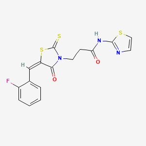 molecular formula C16H12FN3O2S3 B2419747 3-[(5E)-5-[(2-fluorophenyl)methylidene]-4-oxo-2-sulfanylidene-1,3-thiazolidin-3-yl]-N-(1,3-thiazol-2-yl)propanamide CAS No. 433698-28-3