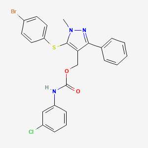 molecular formula C24H19BrClN3O2S B2419859 {5-[(4-bromophenyl)sulfanyl]-1-methyl-3-phenyl-1H-pyrazol-4-yl}methyl N-(3-chlorophenyl)carbamate CAS No. 318289-28-0