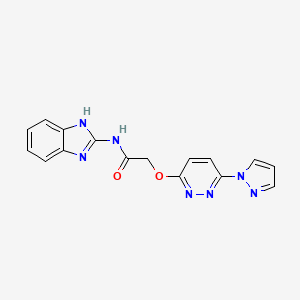 molecular formula C16H13N7O2 B2419910 2-((6-(1H-吡唑-1-基)嘧啶-3-基)氧基)-N-(1H-苯并[d]咪唑-2-基)乙酰胺 CAS No. 1428373-20-9