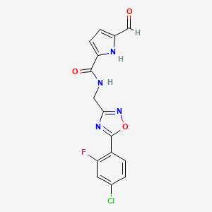 molecular formula C15H10ClFN4O3 B2420014 N-{[5-(4-chloro-2-fluorophenyl)-1,2,4-oxadiazol-3-yl]methyl}-5-formyl-1H-pyrrole-2-carboxamide CAS No. 1808399-58-7