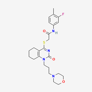 molecular formula C24H31FN4O3S B2420083 N-(3-fluoro-4-methylphenyl)-2-((1-(3-morpholinopropyl)-2-oxo-1,2,5,6,7,8-hexahydroquinazolin-4-yl)thio)acetamide CAS No. 899950-87-9