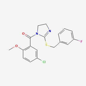 molecular formula C18H16ClFN2O2S B2420094 (5-Chloro-2-methoxyphenyl)-[2-[(3-fluorophenyl)methylsulfanyl]-4,5-dihydroimidazol-1-yl]methanone CAS No. 851865-16-2