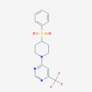 molecular formula C16H16F3N3O2S B2420112 4-[4-(Benzenesulfonyl)piperidin-1-yl]-6-(trifluoromethyl)pyrimidine CAS No. 2380095-87-2