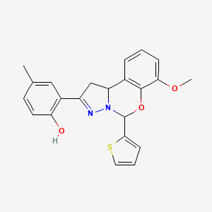 molecular formula C22H20N2O3S B2420152 2-(7-methoxy-5-(thiophen-2-yl)-5,10b-dihydro-1H-benzo[e]pyrazolo[1,5-c][1,3]oxazin-2-yl)-4-methylphenol CAS No. 899939-68-5