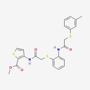 molecular formula C23H22N2O4S3 B2420158 Methyl 3-[(2-{[2-({2-[(3-methylphenyl)sulfanyl]acetyl}amino)phenyl]sulfanyl}acetyl)amino]-2-thiophenecarboxylate CAS No. 861212-53-5