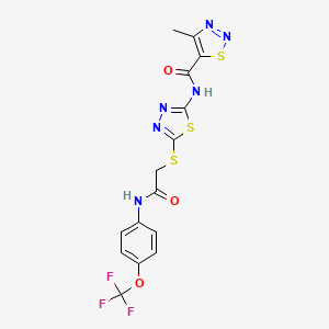 molecular formula C15H11F3N6O3S3 B2420236 4-methyl-N-(5-((2-oxo-2-((4-(trifluoromethoxy)phenyl)amino)ethyl)thio)-1,3,4-thiadiazol-2-yl)-1,2,3-thiadiazole-5-carboxamide CAS No. 941464-32-0