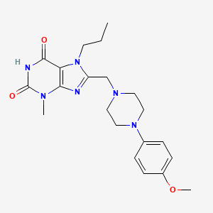 molecular formula C21H28N6O3 B2420253 8-[[4-(4-Methoxyphenyl)piperazin-1-yl]methyl]-3-methyl-7-propylpurine-2,6-dione CAS No. 847407-37-8