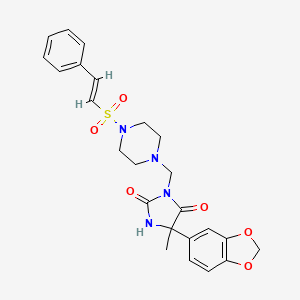 molecular formula C24H26N4O6S B2420316 5-(1,3-benzodioxol-5-yl)-5-methyl-3-[[4-[(E)-2-phenylethenyl]sulfonylpiperazin-1-yl]methyl]imidazolidine-2,4-dione CAS No. 1173639-09-2