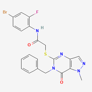 molecular formula C21H17BrFN5O2S B2420350 2-[(6-benzyl-1-methyl-7-oxo-6,7-dihydro-1H-pyrazolo[4,3-d]pyrimidin-5-yl)sulfanyl]-N~1~-(4-bromo-2-fluorophenyl)acetamide CAS No. 892296-45-6