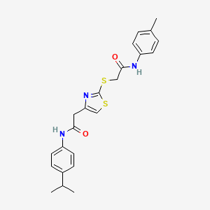 molecular formula C23H25N3O2S2 B2420371 N-(4-isopropylphenyl)-2-(2-((2-oxo-2-(p-tolylamino)ethyl)thio)thiazol-4-yl)acetamide CAS No. 942001-56-1