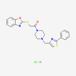 molecular formula C23H23ClN4O2S2 B2420374 2-(Benzo[d]oxazol-2-ylthio)-1-(4-((2-phenylthiazol-4-yl)methyl)piperazin-1-yl)ethanone hydrochloride CAS No. 1351649-87-0