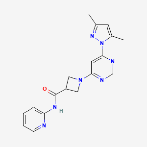 molecular formula C18H19N7O B2420557 1-(6-(3,5-二甲基-1H-吡唑-1-基)嘧啶-4-基)-N-(吡啶-2-基)氮杂环丁-3-甲酰胺 CAS No. 2034582-22-2