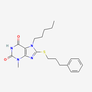 molecular formula C20H26N4O2S B2420671 3-methyl-7-pentyl-8-[(3-phenylpropyl)sulfanyl]-3,7-dihydro-1H-purine-2,6-dione CAS No. 331841-62-4